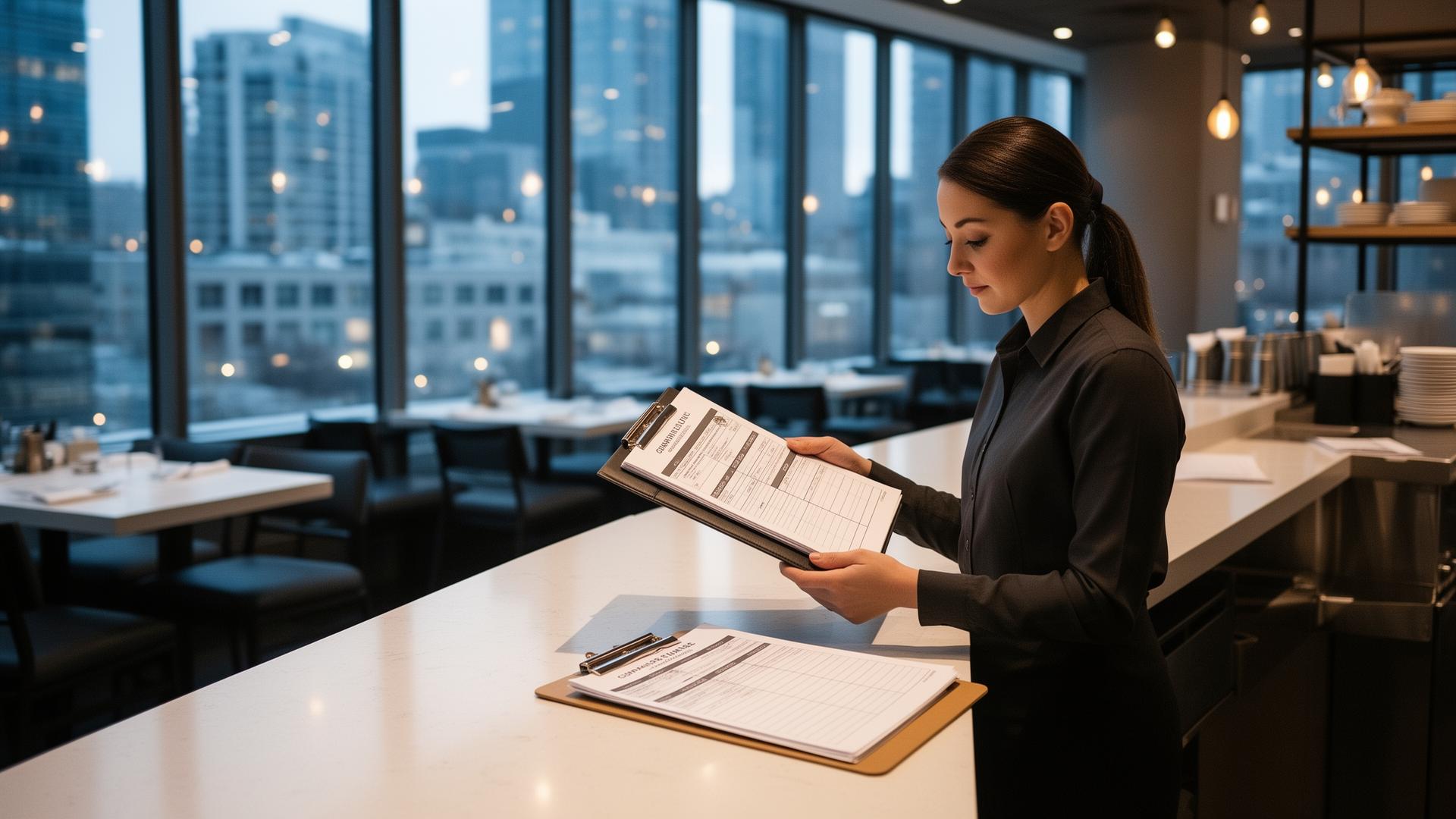 Restaurant manager reviewing a compliance clipboard in a modern Toronto restaurant