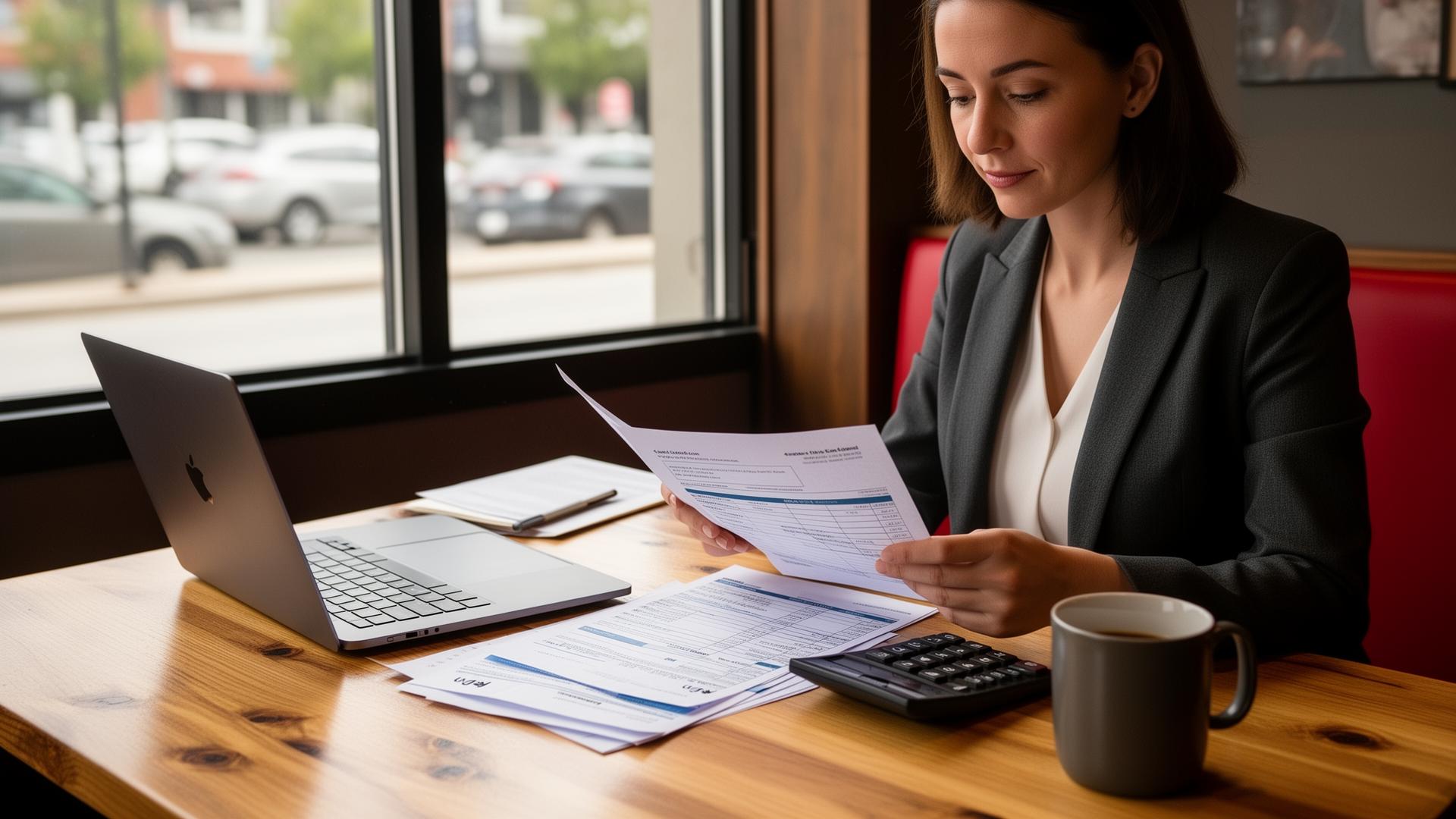 Canadian restaurant manager reviewing T4 payroll paperwork at a cafe table