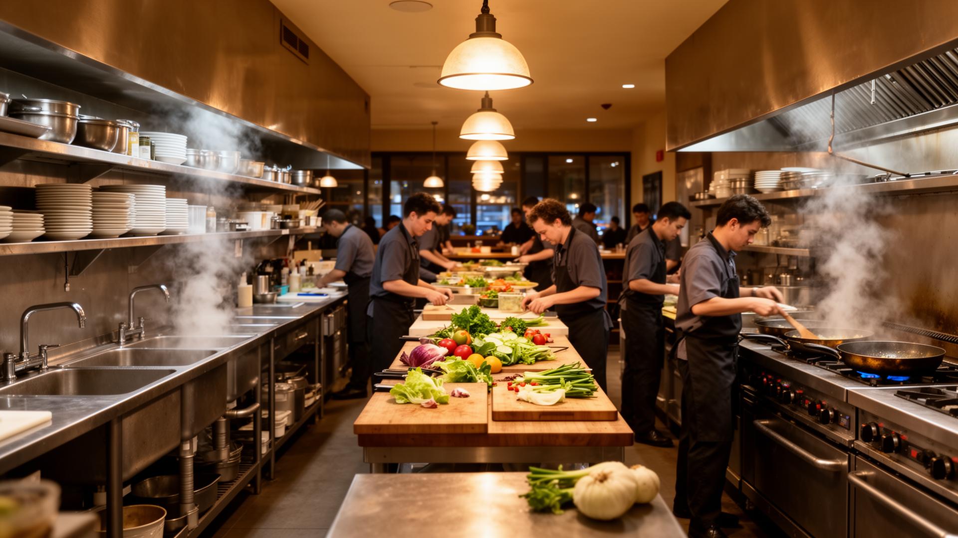 Wide view of a busy restaurant back of house with dish pit, prep, and hot line
